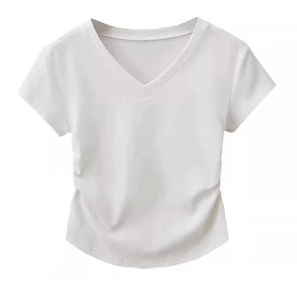 Women Cotton V-neck Short Sleeve T-shirt Slim Fitted Pleated Design Cropped Top Summer