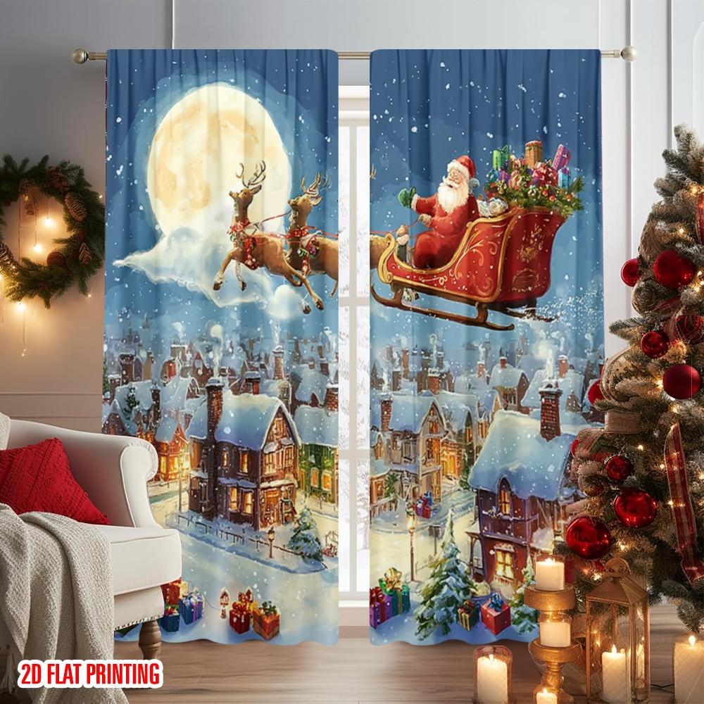 2pcs 2D flat printing Merry Christmas Popular Curtain Christmas Santa Sleigh Town Night 100% Polyester Fabric Without