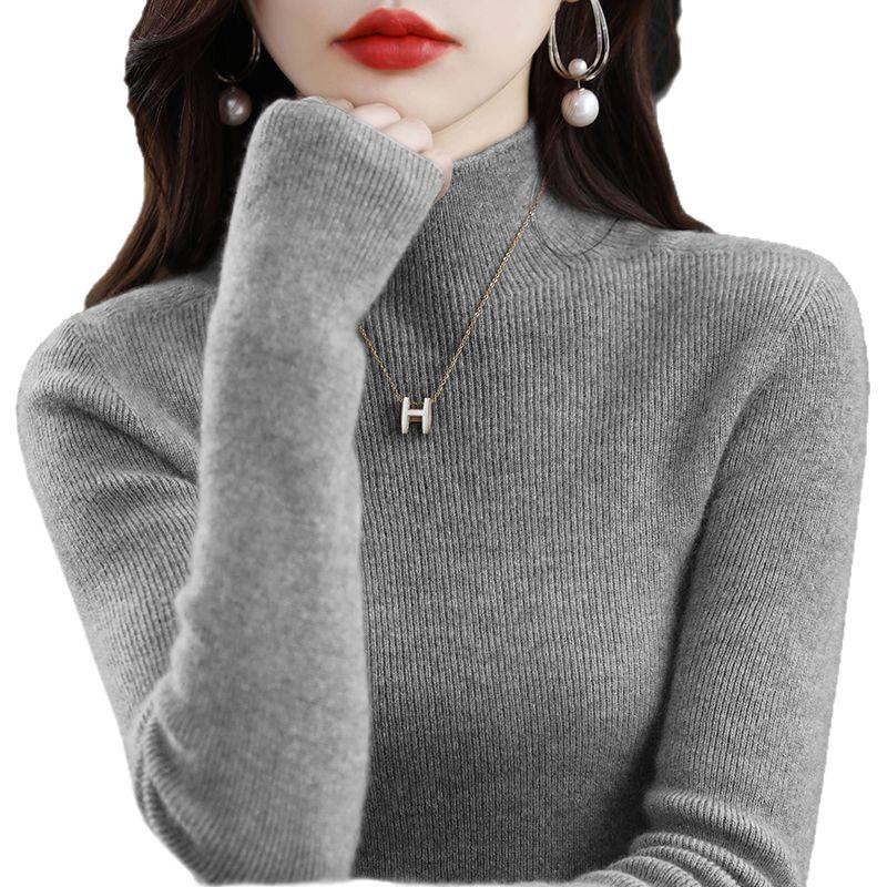 2025 Women's Slim Fit Wool Knit Sweater - Black Half High Neck, Autumn Winter Base Layer