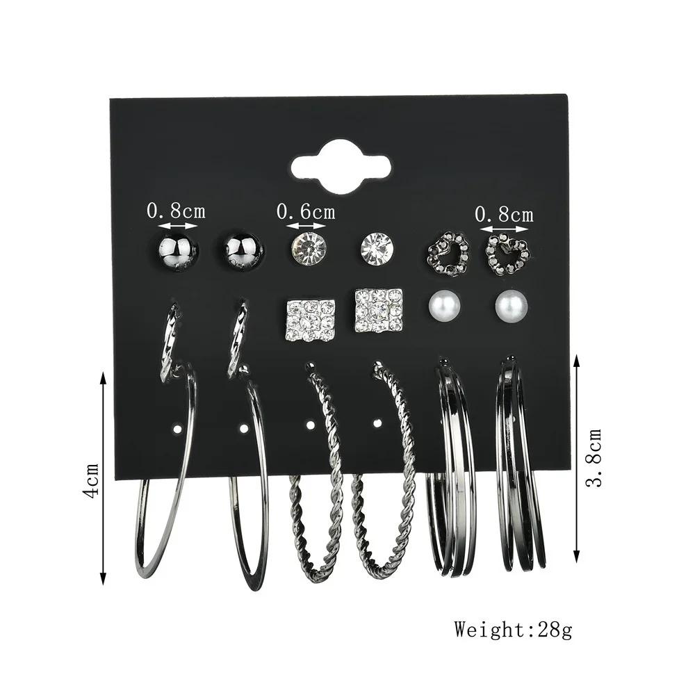 9 Pairs/set Earrings Circle Combination Set Earrings Earrings Set Silver Jewelry Accessories