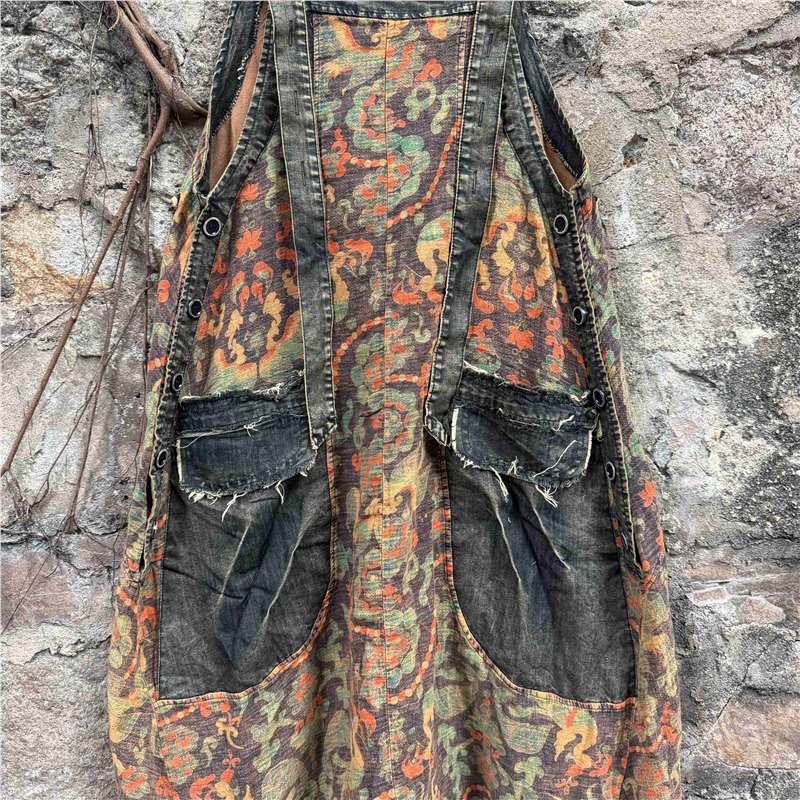 Retro and old printed cotton and linen denim overalls spring and summer loose meat covering personality two-wear sleeveless jumpsuit trendy brand