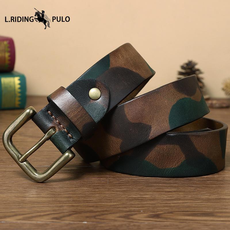 Camouflage Genuine Cowhide Leather Belt for Men, Korean Style, Trendy and Unique, Genuine Leather Retro Women s Denim Belt with Brass Buckle 100cm