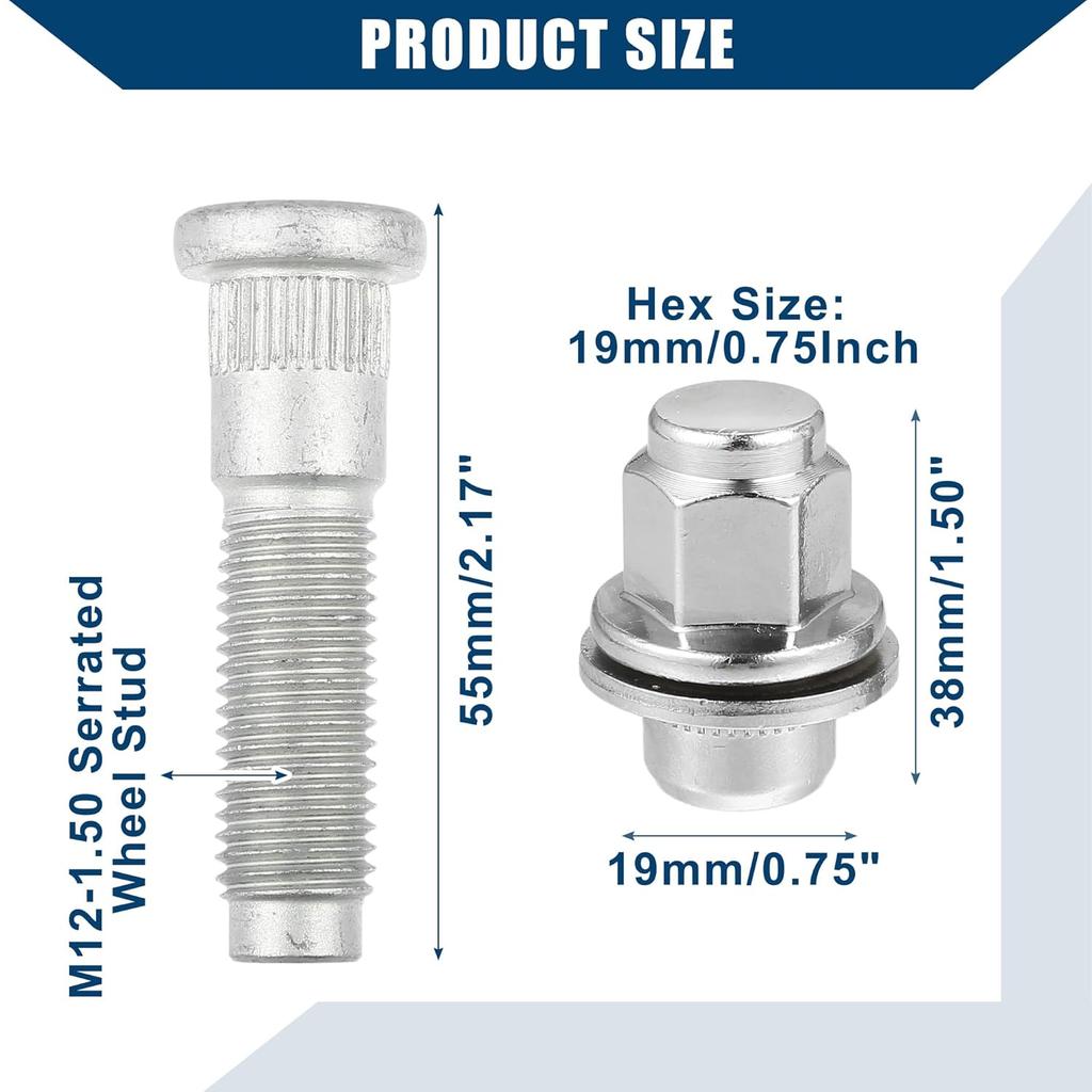 No.C2C35294010 M12-1.5 Wheel Stud Bolts for Jaguar F/S/X-Type XFR XJ/Front Rear Left Right Wheel Lug Studs/Alloy Steel 19mm Hex / 1 Set Silver Tone