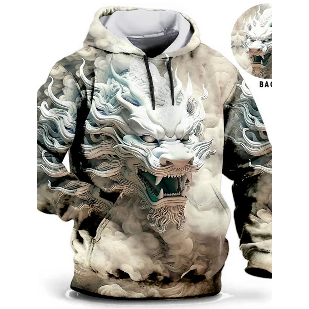 Pánská mikina s kapucí draka na čínský Nový rok s grafickým zvířecím potiskem Denní klasický 3D svetr Streetwear Mikiny s dlouhým rukávem, s kapucí