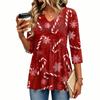 Women's Christmas Print V-Neck Three-Quarter Sleeve Casual Shirt for Holiday