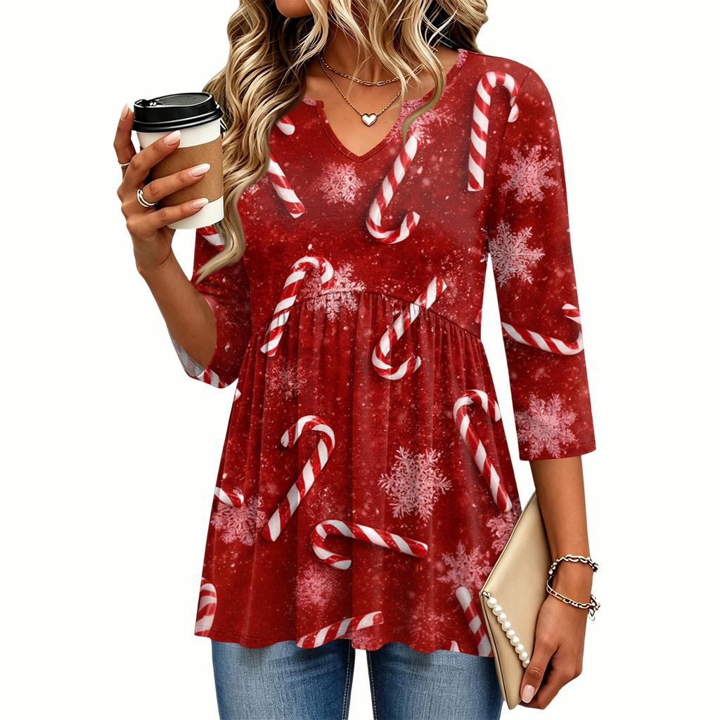 Women's Christmas Print V-Neck Three-Quarter Sleeve Casual Shirt for Holiday