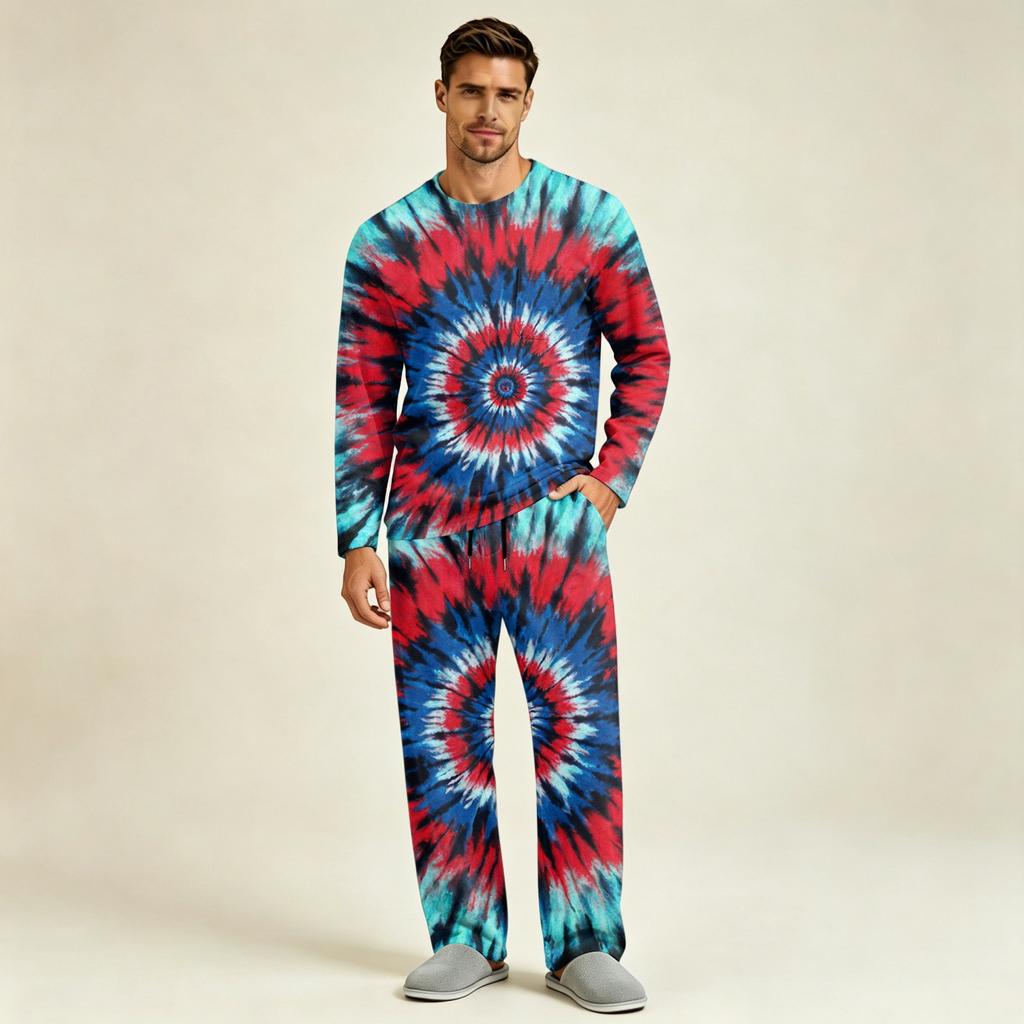Men's Long Sleeve Pajama Set with Button Crotch and Elastic Drawstring Waist for Home Comfort