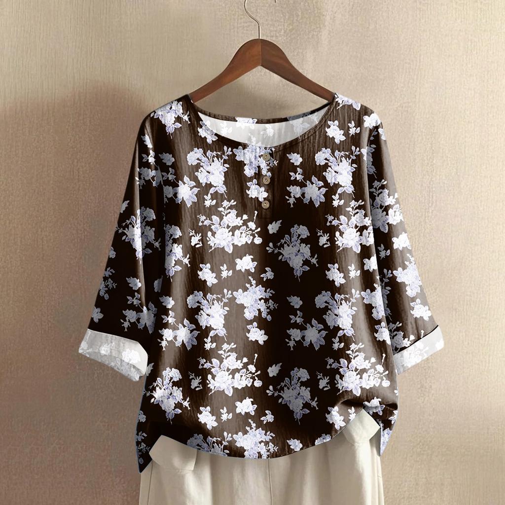 Women's Casual Three-quarter Sleeve Round Neck Gradient Color Printed Cotton And Linen Top