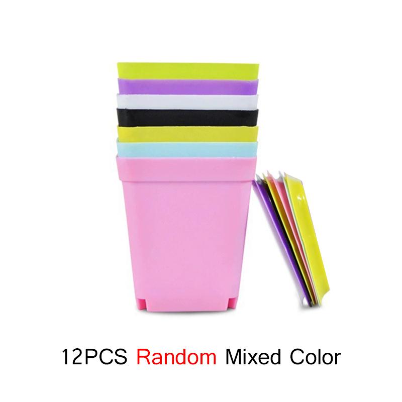 12PCS/Set Colorful Plastic 7cm Square Flowerpot with Tray Office Desktop Plant Grow Container Succulent Pot Garden Nurseries ZYF