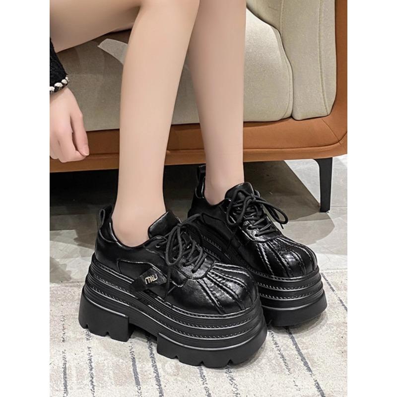 

New 2025 Spring Women s Leather Sneakers High Platform Lace-up Casual Shoes Thick Sole 10CM Heels Walking Shoes Zapatos Mujer 34 чёрный