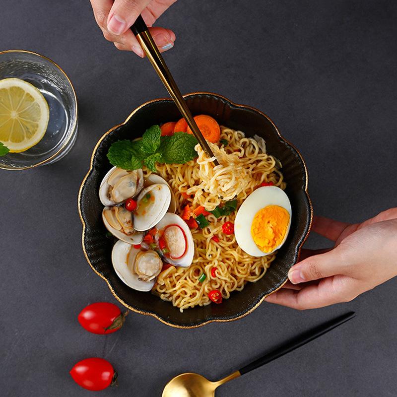 Japanese Matte Hat Bowl Household Rice Bowl Soup Bowl Black Underglaze Color Noodle Bowl Gold Edge Petal Ceramic Bowl