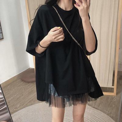 Summer Loose Maxi T Shirt Dress Splicing Mesh Short-sleeved Tops Women Summer Casual Sexy Black Long Dresses Plus Size