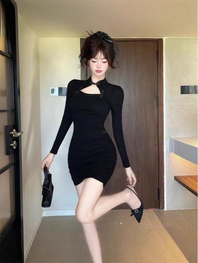 Autumn French Retro Long Sleeve Chinese Socialite Qipao Dress for Women