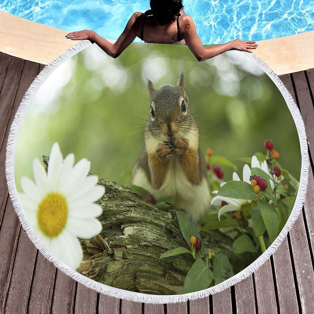 Cute Squirrel Round Beach Towel with Tassels Microfiber Beach Blanket Absorbent Sandproof Circle Bath Towel Meditation Yoga Mat