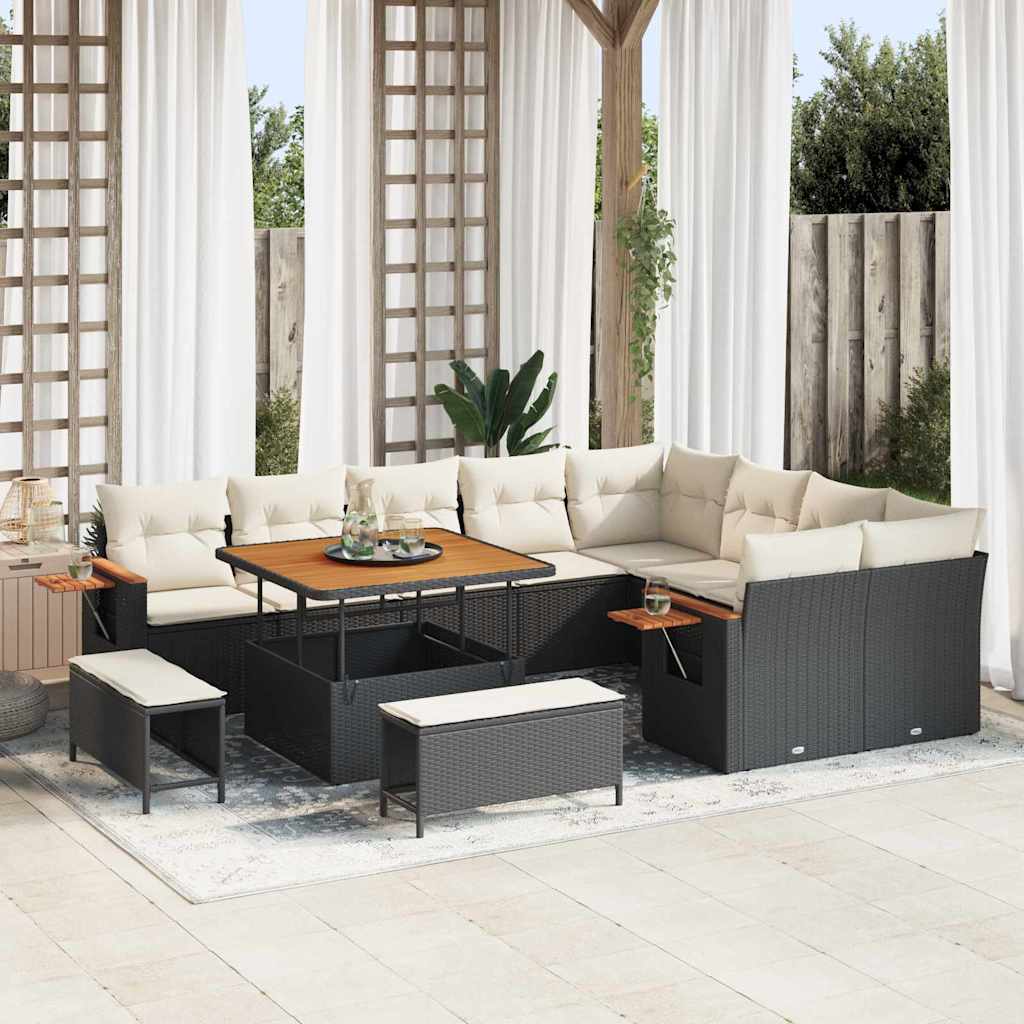 13 Piece Garden Sofa Set with Cushions Black and Cream Poly Rattan