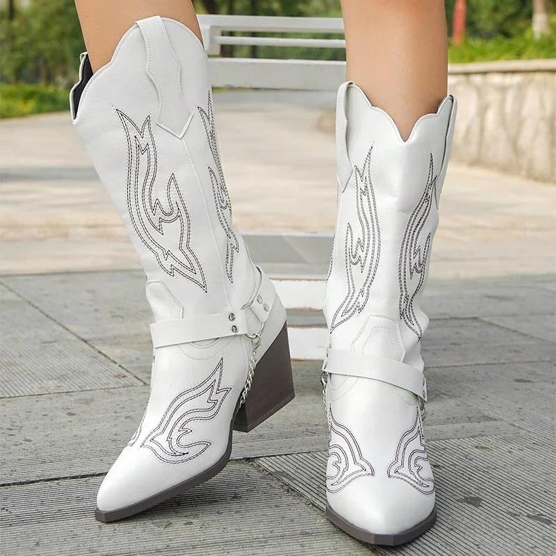 2025 Spring Retro Cowboy Boots Women Mid Calf Western Boots Woman Pu Leather Knight Booties Big Size Point Toe Waterproof Boots