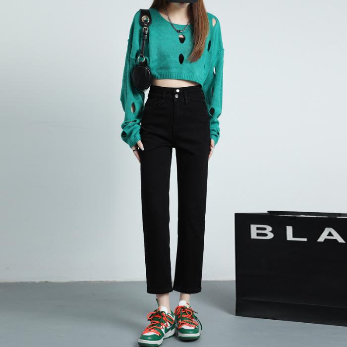 

Прямые джинсы для женщин на осень и зиму, зауженные книзу, облегающие джинсы для женщин на осень и зиму, дымчатые брюки для женщин на осень и зиму 3XL