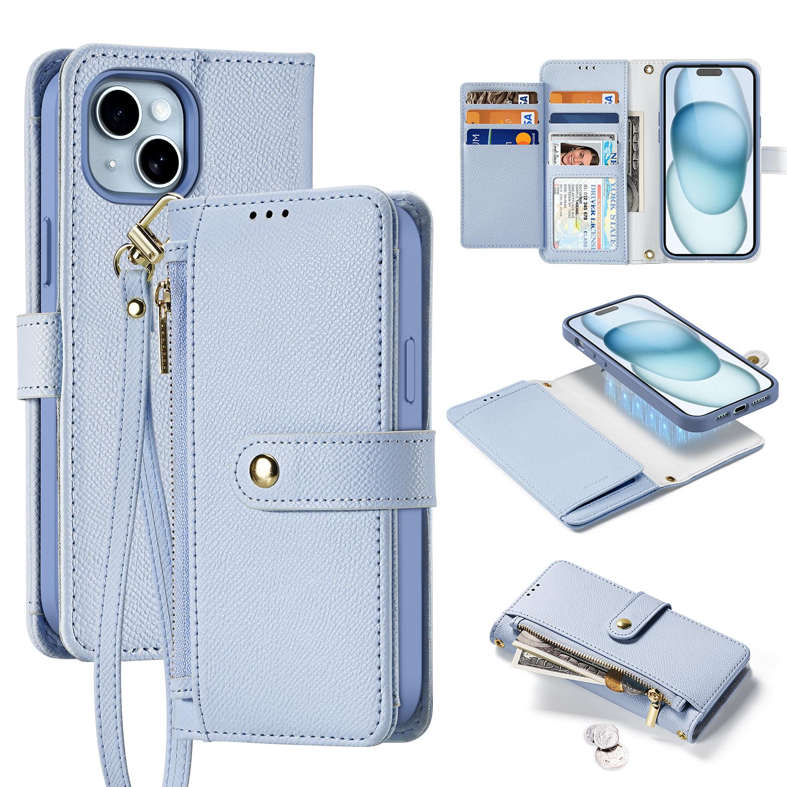 

For iPhone 15 Plus Case DUX DUCIS Lawa Series Detachable Magnetic Cowhide Leather Cover Zipper Wallet Light Blue
