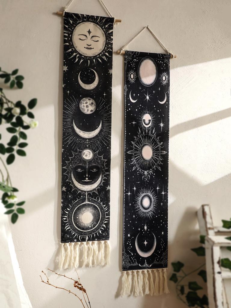 1pc Boho Celestial Wall Hanging Tapestry, Moon Phase Black and White Banner with Tassel, Witchy Bedroom Home Wall Art Decoration