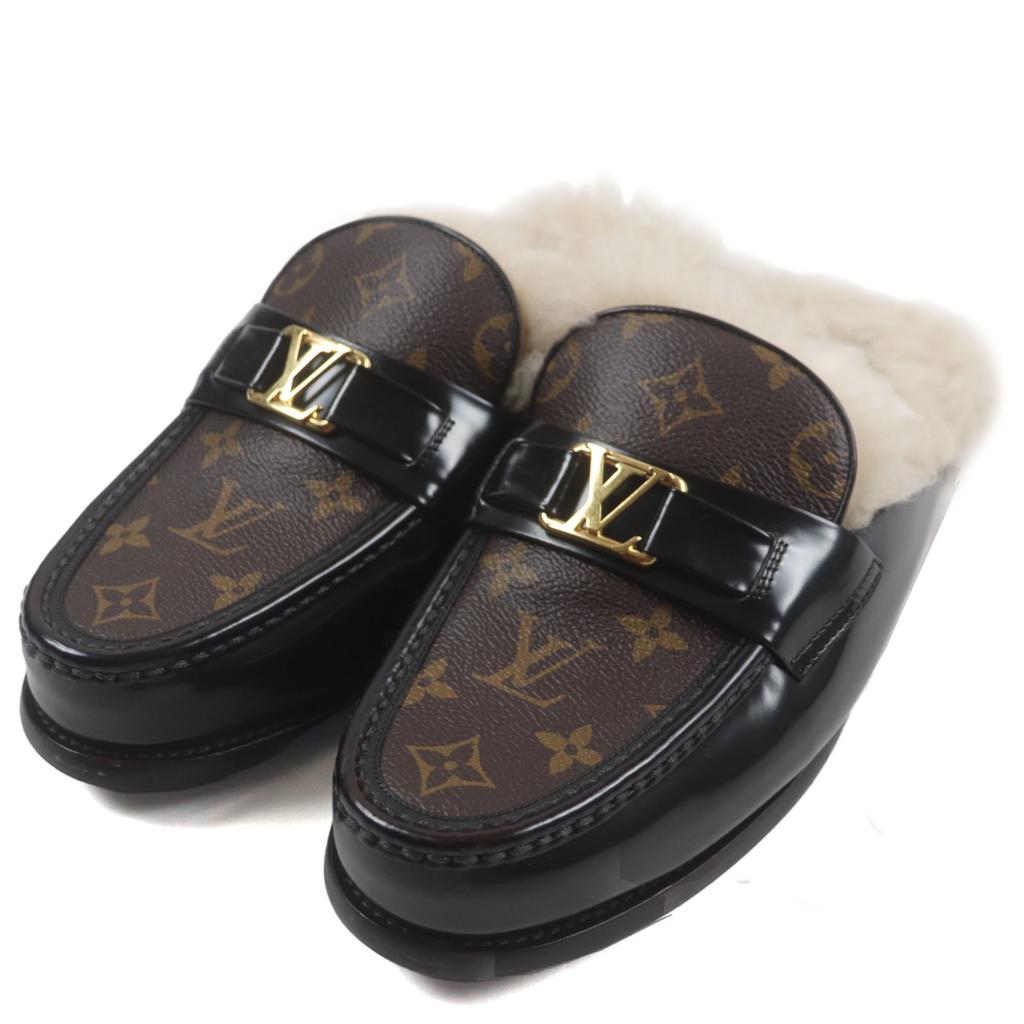 Louis Vuitton Sandals LV Logo Monogram Fur Mules Brown Monogram Canvas Mens 7 Used