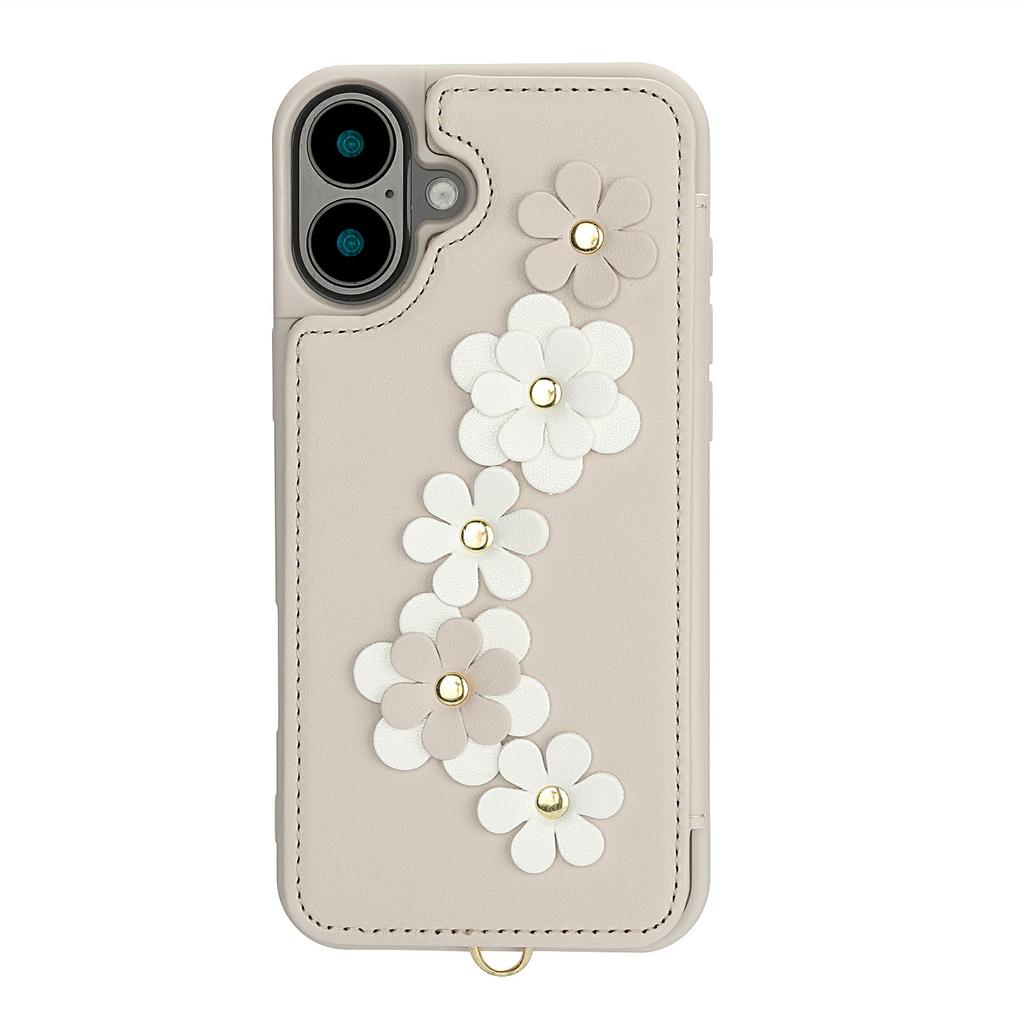 For iPhone 17 Case Card Slots Leather Coated TPU Flower Phone Cover with 2 Straps