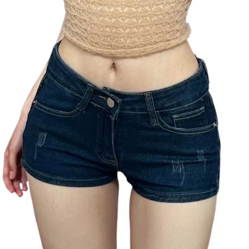 Maillard Style Low-Waist Ripped Dark Blue Denim Ultra-Short Hip-Hugging Hot Pants for Women