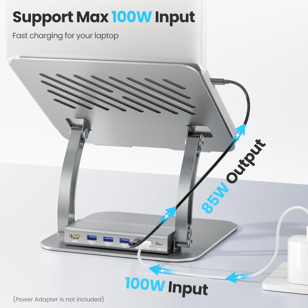 Tounee Laptop Stand with Detachable 100W PD Host Ergonomic Aluminum Laptop Fits Inch and Gray USB-C Hub, Charging, 4K@60Hz HDMI, USB-A & USB-C 3.0