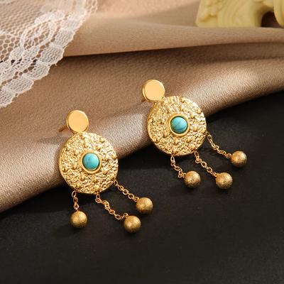 Fashion Geometric Design Hammer Texture Earrings Stainless Steel Nature Stone Turquoise Earrings  Suitable For Daily Wear