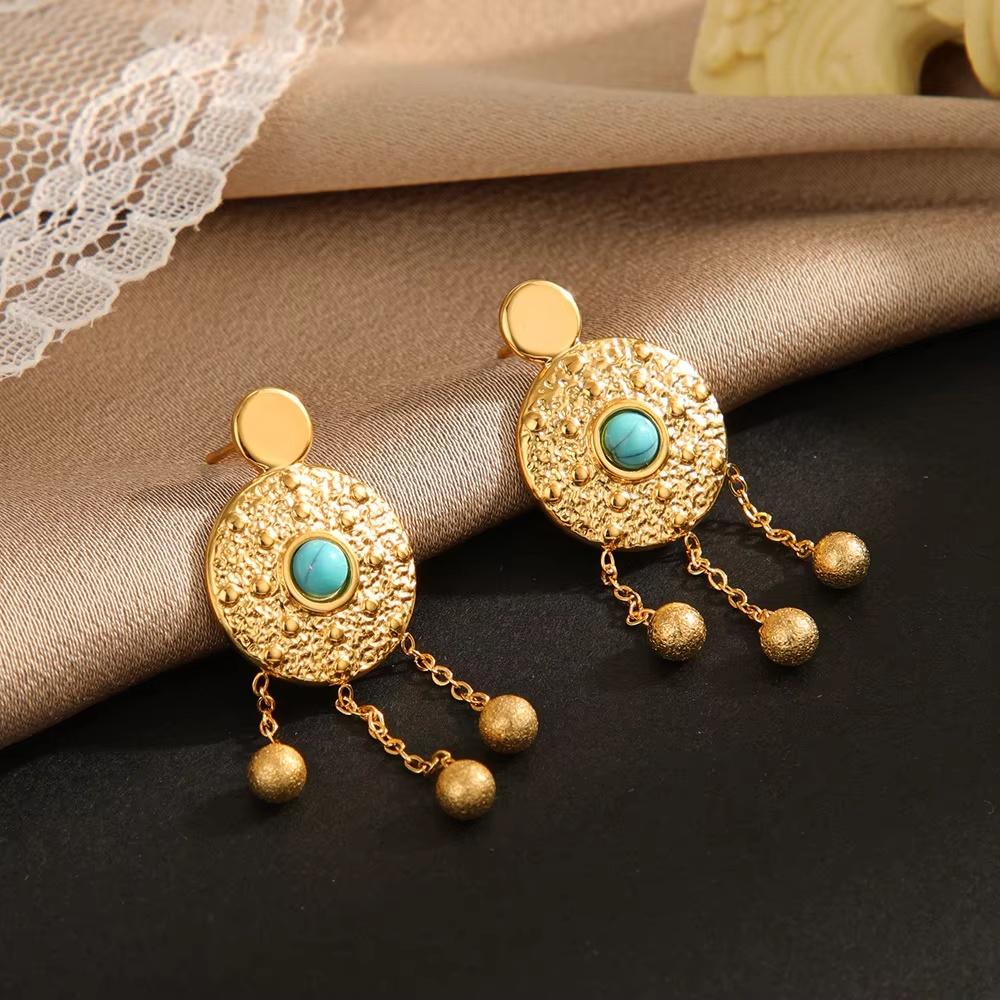 Fashion Geometric Design Hammer Texture Earrings Stainless Steel Nature Stone Turquoise Earrings  Suitable For Daily Wear