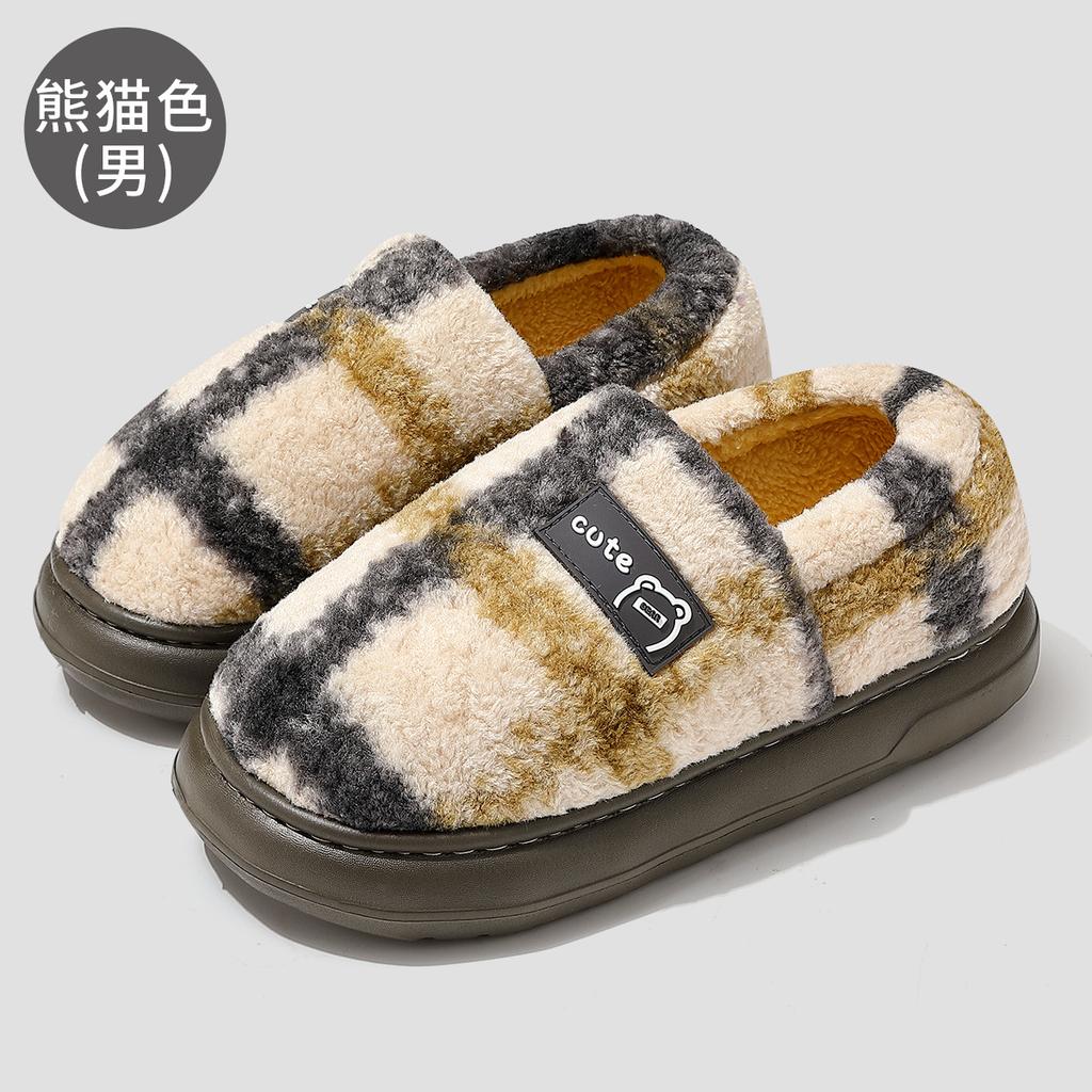 Retro Plaid Cotton Shoes Women's Autumn and Winter Home Plush Warm Outer Wear Non-slip Korean Version Bag Heel Cotton Slippers Men