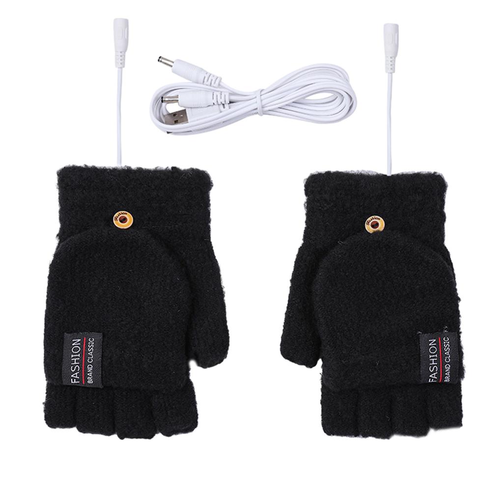 USB Electric Heated Convertible Gloves Winter Half Finger Mittens Stretchy Half Finger Gloves with Top Cover for Men