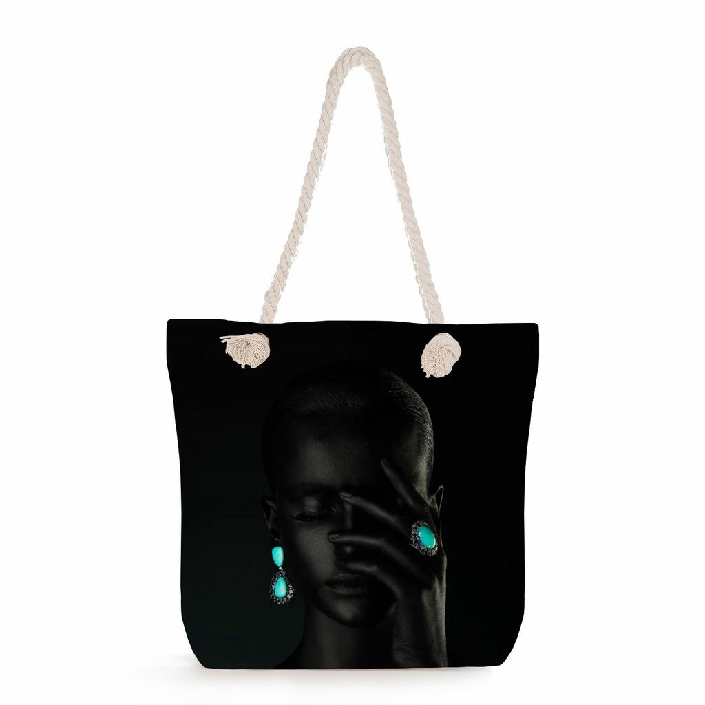 Multifunctional Cool Black People Printed Thick Rope Shoulder Beach Bag Casual Large Capacity Handbag 0114