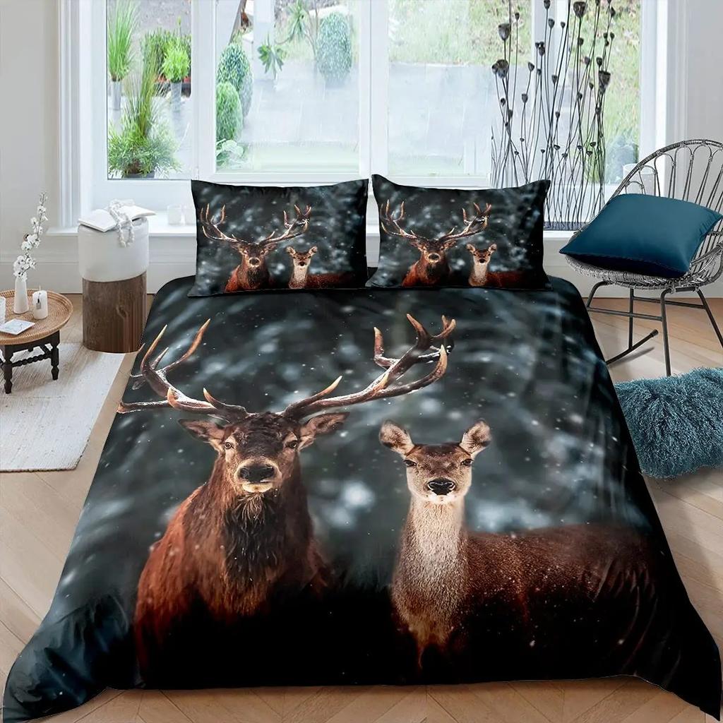 Deer Duvet Cover SetWoodland Animals Elk Moose Bear Wildlife Hunting Country Cabin Bedding SetRustic Farmhouse Comforter Cover