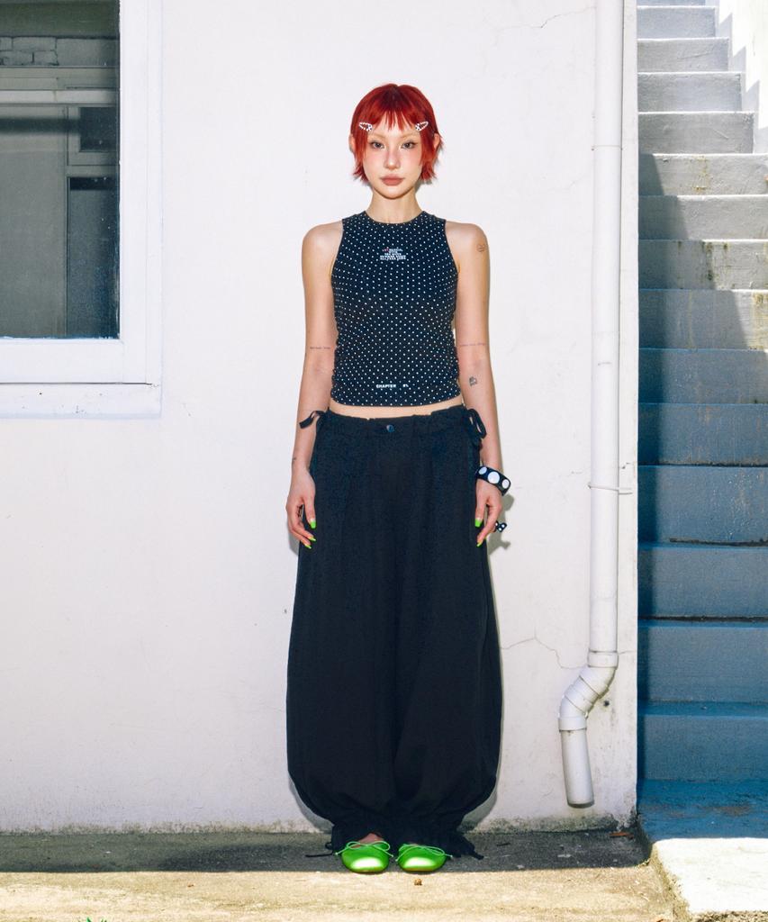 Haitaideupeulaengki Lace Hem Wide Pants Black