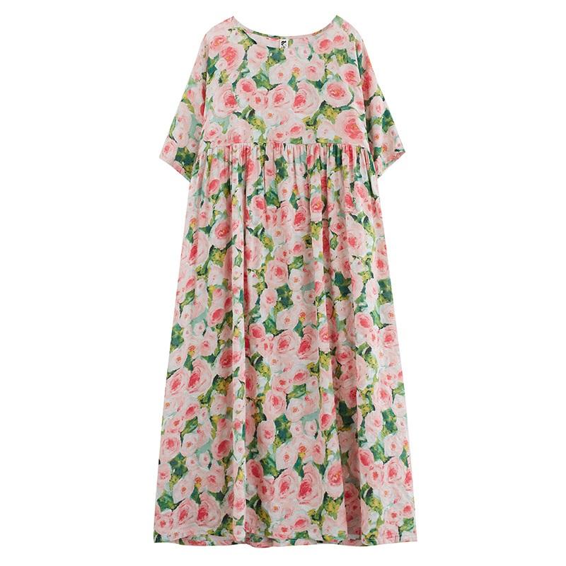 Κοντό μανίκι Plus μέγεθος Βαμβακερό Vintage Floral Νέο σε Φορέματα για Γυναικεία Casual Loose Long Summer