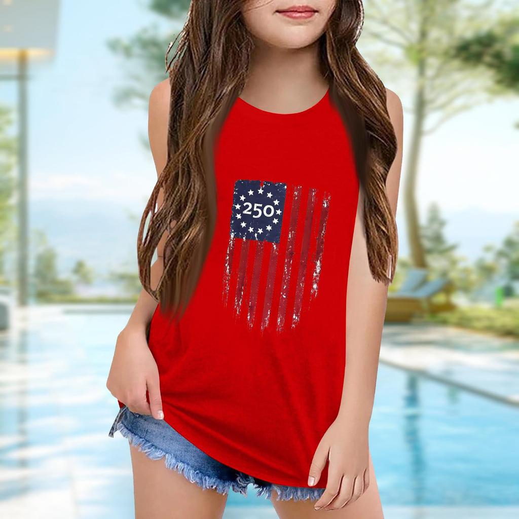 Girls  Kids Summer Crewneck Sleeveless Shirts Tank Tops Independence Day