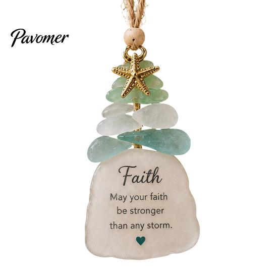 Handmade Christmas Ornament Sea Glass Tree Ornament, Seaglass Art Hanging Decor with Starfish Charm, Festive Window Door Peace Love Joy Faith