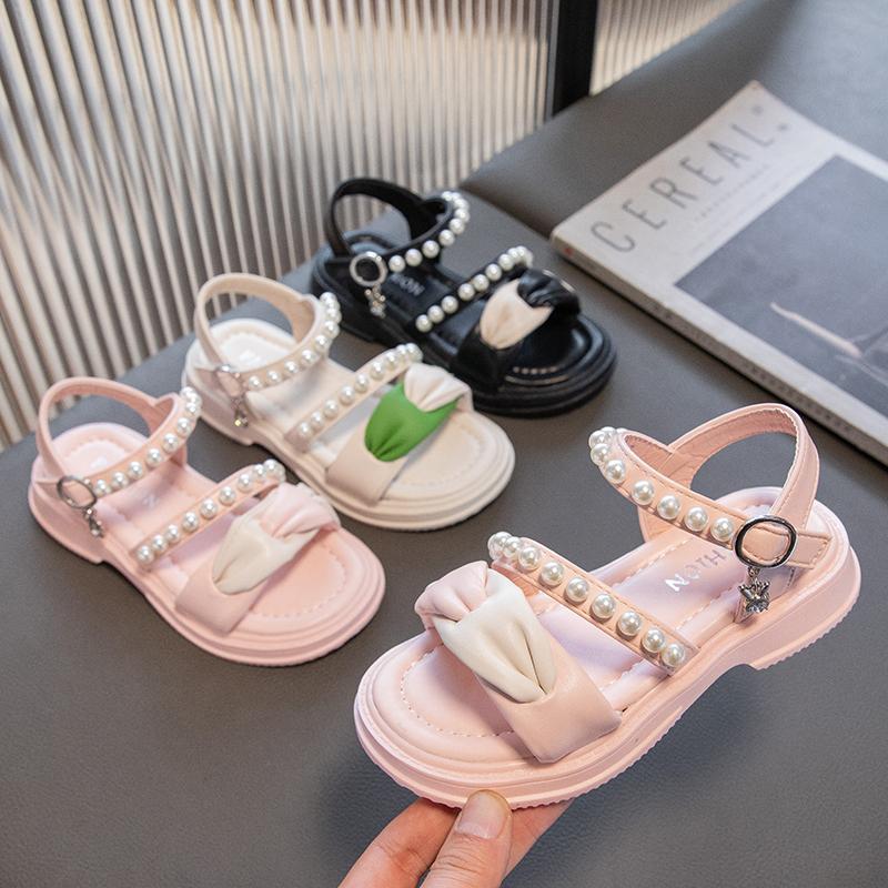 Children Sandals for Girls Kids Fashion Pleated with Pearls Open-toe Versatile Flat Non-slip Princess Shoes Casual 2024 Summer