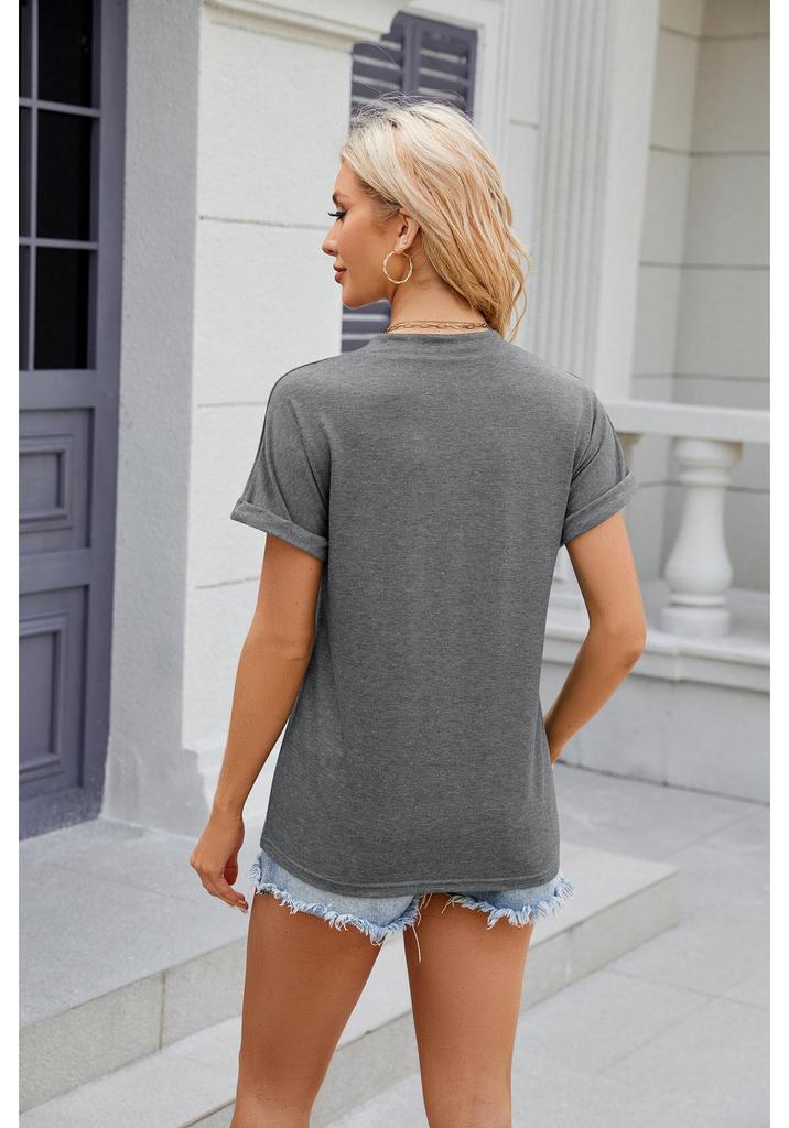 2025 Spring/Summer V-Neck Button Loose Short-Sleeve Solid Color T-shirt