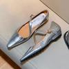 Mode Französisch Silber Riemen Mary Jane Schuhe Damen 2025 Neu Weiches Leder Keil Spitze Schuhe