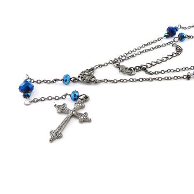 [J2008] - Náhrdelník 'Mystický kříž' modro-stříbrný