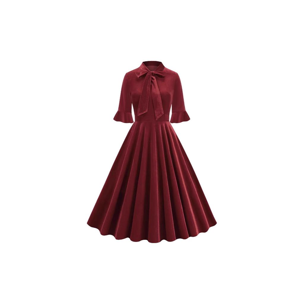 European and American clothes, dresses, short sleeves, new bows, retro elegant medium and long skirts