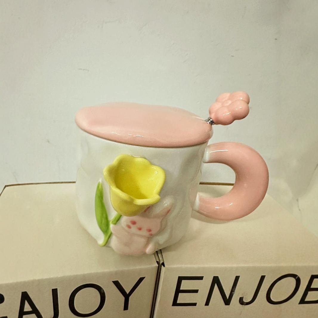 

Cute Tulip Rabbit Cup Ceramic with Lid Mug Large Capacity Water Cup Birthday Gift for Girls with Lid Spoon 400ml