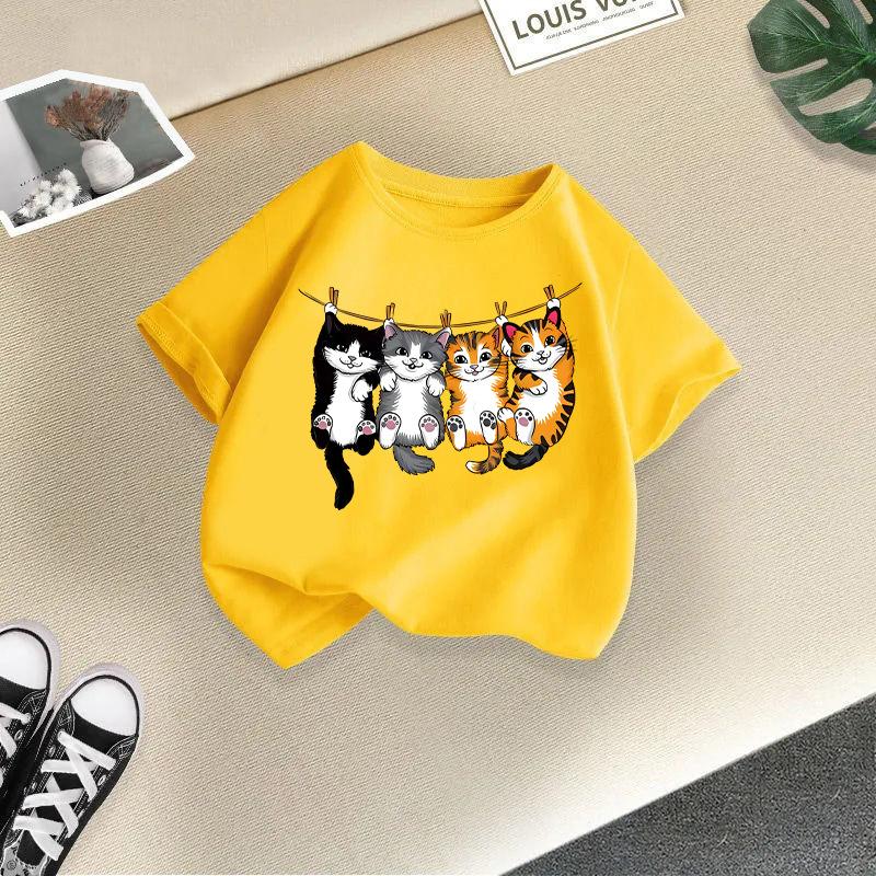 Dětské tričko s potiskem kočky Dětské 100% bavlněné oblečení Topy 2-13Y Volný střih Ležérní Kulatý výstřih Krátký rukáv