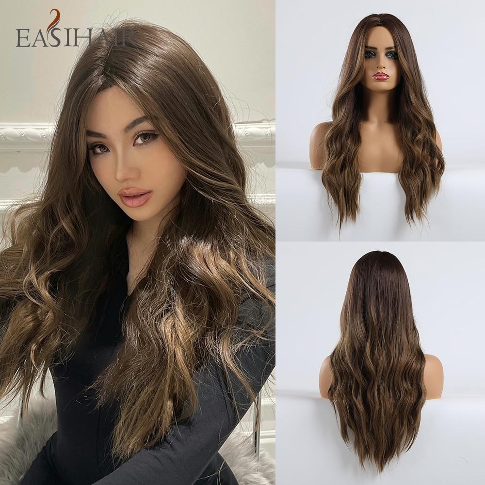EASIHAIR Long Honey Brown Ombre Highlight Synthetic Wigs for Women Mixed Brown Wavy Natural Wigs Middle Part Cosplay Wigs Heat Resistant
