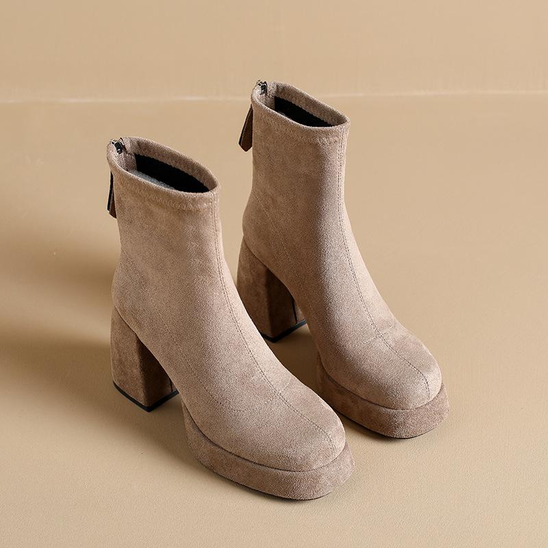 Damskie Modne Kozaki na Wysokim Obcasie Zimowe Brytyjskie Miękka Podeszwa Antypoślizgowe Wszechstronne Utrzymujące Ciepło Buty