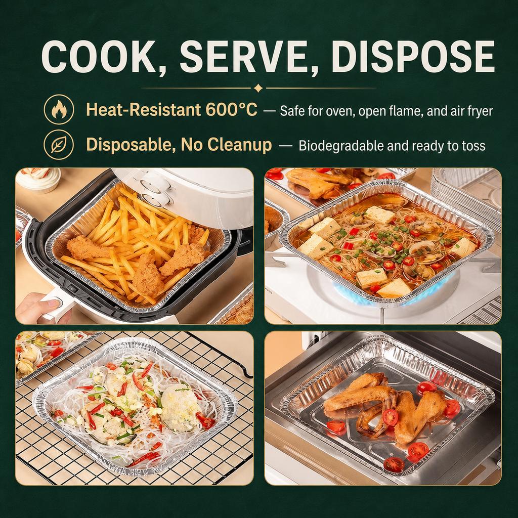 Thickened Rectangular Aluminum Foil Container, Heat-Resistant for Oven, Grill, and Air Fryer, Multiple Lid Options