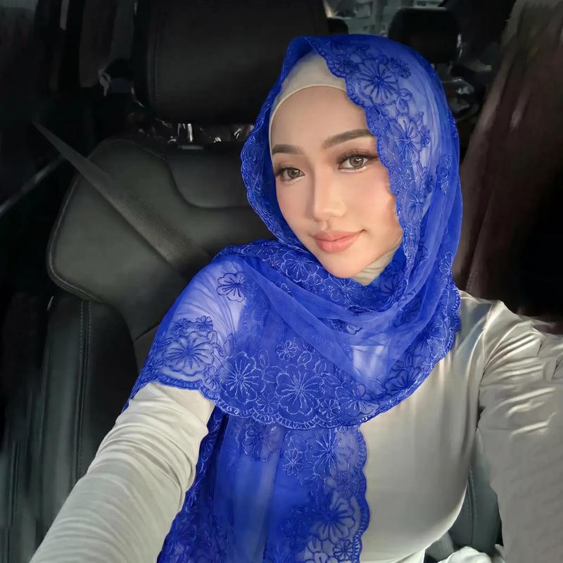 Lace Embroidery Muslim Hijab Women Chiffon Scarf Sheer Floral Headscarf Islamic Head Wrap Bandana Daily Prayer Head Accessory