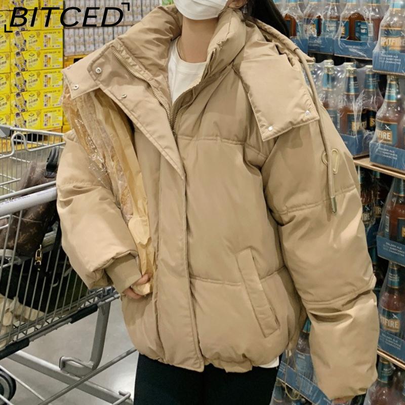 BITCED New Style Women's Winter Short-Length Hooded Puffer Jacket with Design-Forward Thickened Fleece Lining