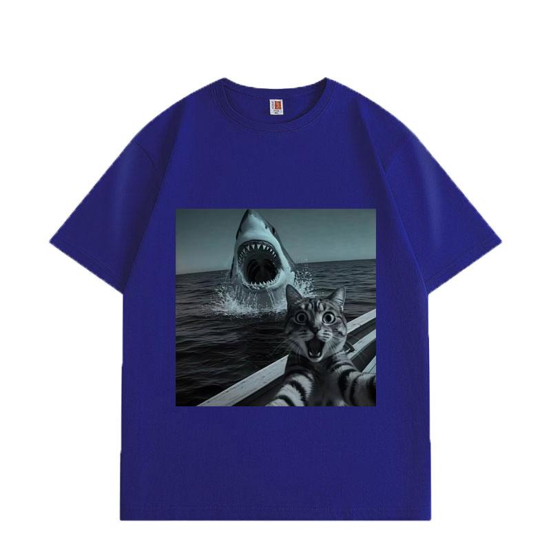 Selfie Chat avec Requin T-shirts Graphiques Drôles Hommes Femmes Mode Vintage Manches Courtes T-shirts Été Lâche Coton T-shirt
